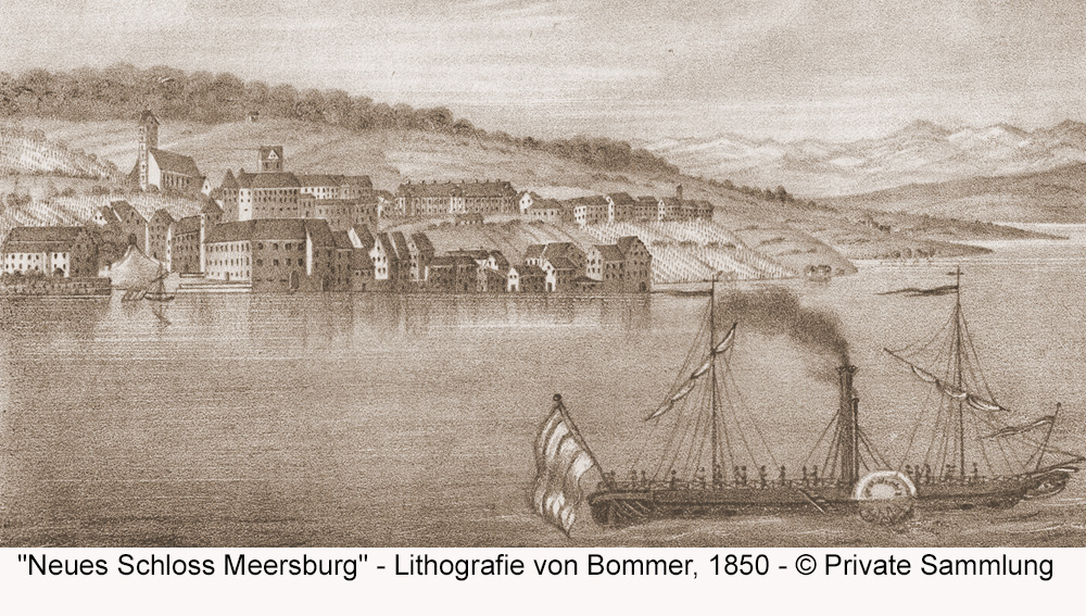 Neues Schloss Meersburg - Lithografie von Bommer, 1850 Neues Schloss Meersburg im Bodenseekreis