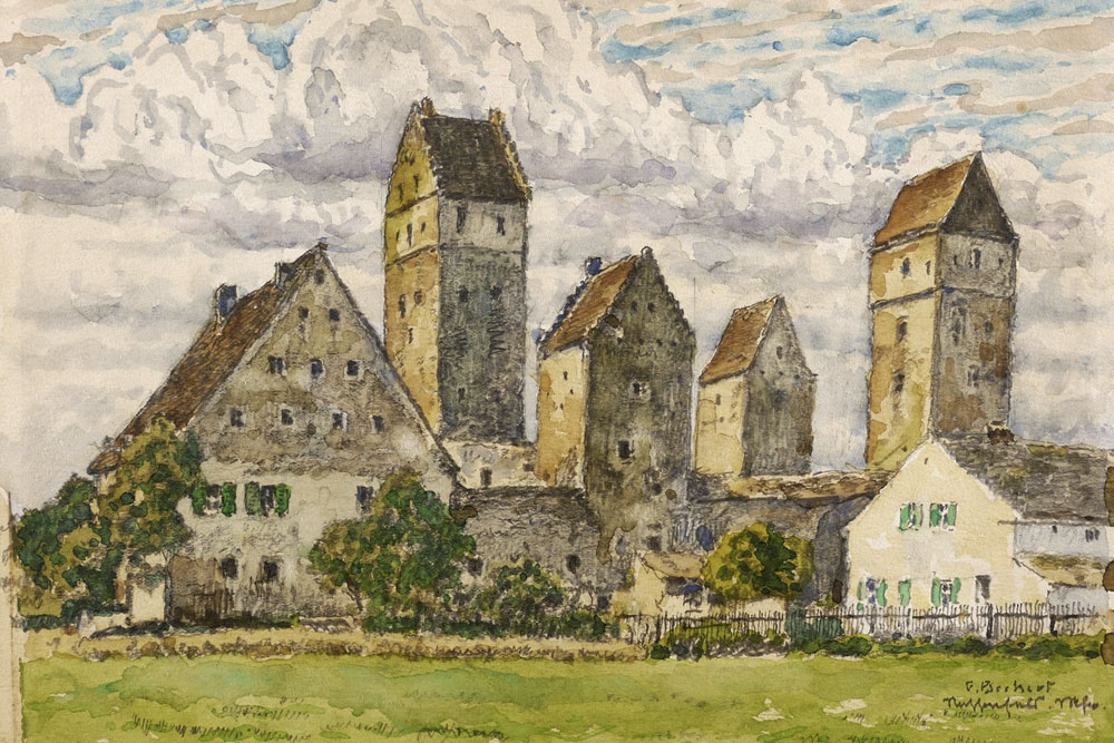 Wasserburg Nassenfels (Teilruine) – Aquarell über schwarzer Kreide von Fritz Beckert, um 1935 Wasserburg Nassenfels (Teilruine) im Landkreis Eichstätt