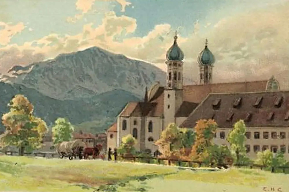 Kloster Benediktbeuern (ehemalige Abtei der Benediktiner – heute eine Niederlassung der Salesianer Don Boscos) - Historische Künstlerkarte von Edward Harrison Compton, 1900 gelaufen Kloster Benediktbeuern (ehemalige Abtei der Benediktiner – heute eine Niederlassung der Salesianer Don Boscos) im Landkreis Bad Tölz-Wolfratshausen