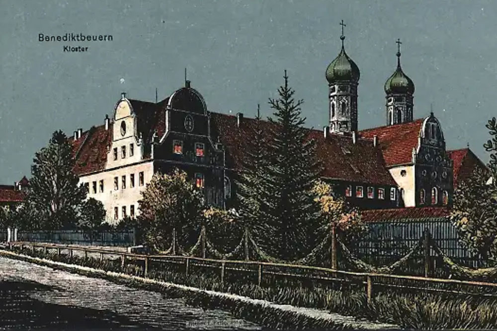 Kloster Benediktbeuern (ehemalige Abtei der Benediktiner – heute eine Niederlassung der Salesianer Don Boscos) - Historische Künstlerkarte von Eugen Felle, 1914 gelaufen Kloster Benediktbeuern (ehemalige Abtei der Benediktiner – heute eine Niederlassung der Salesianer Don Boscos) im Landkreis Bad Tölz-Wolfratshausen