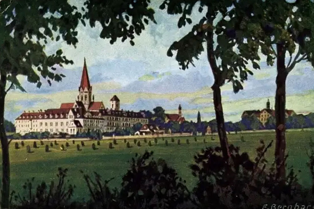 Erzabtei Sankt Ottilien (Kloster der Missionsbenediktiner) - „Ansicht von Süden“ – Historische Künstlerkarte Erzabtei Sankt Ottilien (Kloster der Missionsbenediktiner) im Landkreis Landsberg am Lech