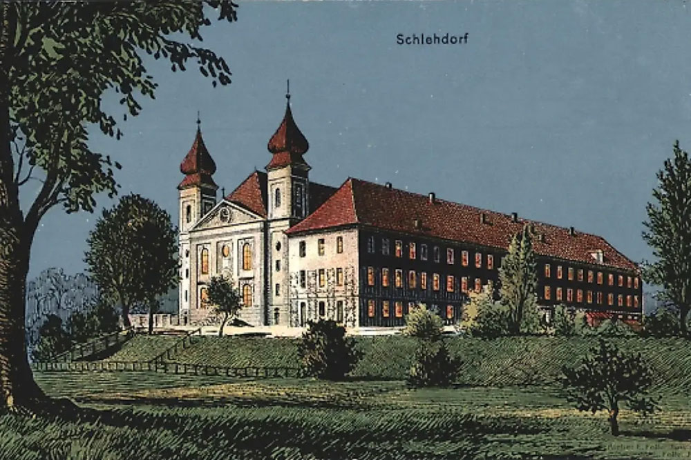 Kloster Schlehdorf (ehemaliges Kloster der Missions-Dominikanerinnen von Qonce) - Historische Künstlerkarte von Eugen Felle, 1913 gelaufen Kloster Schlehdorf (ehemaliges Kloster der Missions-Dominikanerinnen von Qonce) im Landkreis Bad Tölz-Wolfratshausen