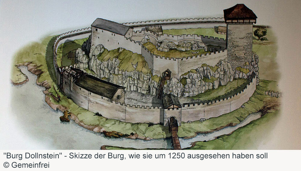 Burg Dollnstein (Tolenstein) - Skizze der Burg, wie sie um 1250 ausgesehen haben soll Burg Dollnstein (Tolenstein) im Landkreis Eichstätt
