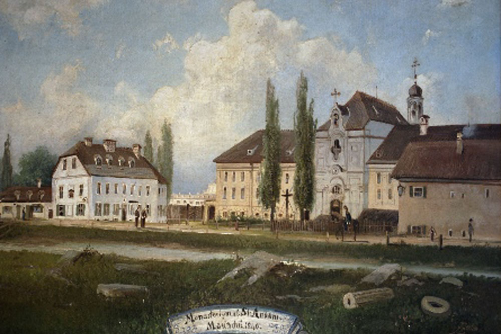 Franziskanerkloster St. Anna (ehemals Hieronymitenkloster St. Anna) – Gemälde im Franziskanerkloster St. Anna, um 1840 Franziskanerkloster St. Anna (ehemals Hieronymitenkloster St. Anna) in München