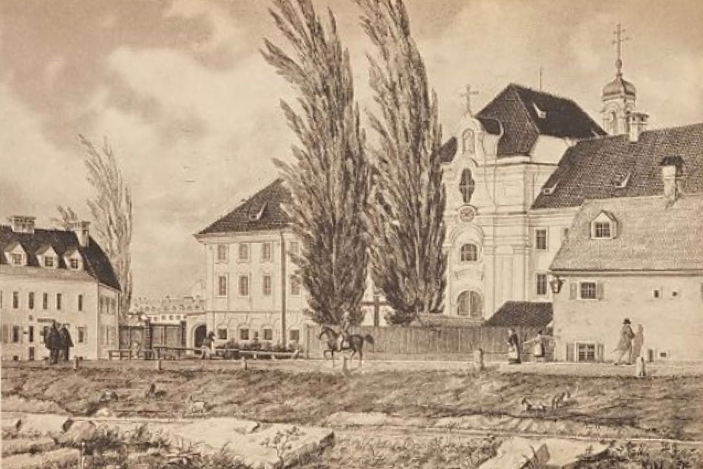 Franziskanerkloster St. Anna (ehemals Hieronymitenkloster St. Anna) – Stahlstich, erste Hälfte 19. Jahrhundert Franziskanerkloster St. Anna (ehemals Hieronymitenkloster St. Anna) in München