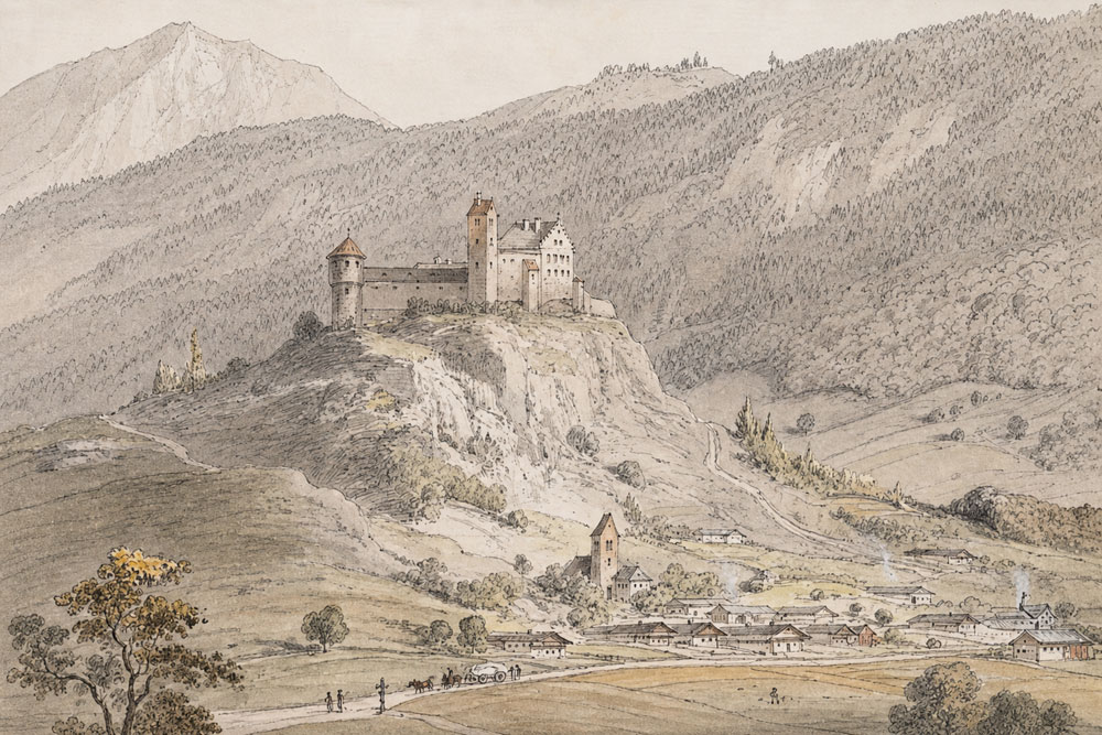 Auerburg (Burg Oberaudorf, Amtshausbogen, Burgtor) - Aquarell von Carl August Lebschée, 1865 Auerburg (Burg Oberaudorf, Amtshausbogen, Burgtor) im Landkreis Rosenheim
