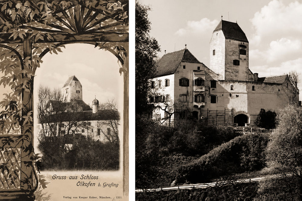 Burg Elkofen (Schloss Elkofen, Unterelkofen, Ölkofen) - links: Historische Ansichtskarte, 1904 gelaufen – rechts: Historische Echtfotokarte Burg Elkofen (Schloss Elkofen, Unterelkofen, Ölkofen) im Landkreis Ebersberg