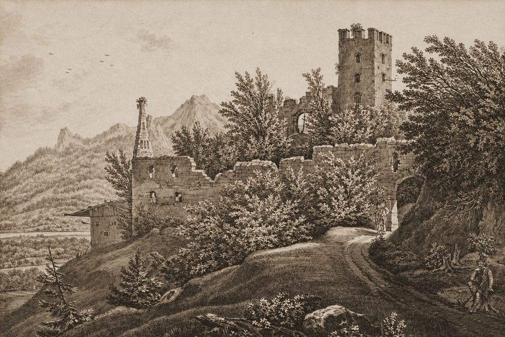 Burg Unter-Falkenstein (Flintsbach am Inn) (Neu-Falkenstein) - Stahlstich, um 1830 Burg Unter-Falkenstein (Flintsbach am Inn) (Neu-Falkenstein) im Landkreis Rosenheim