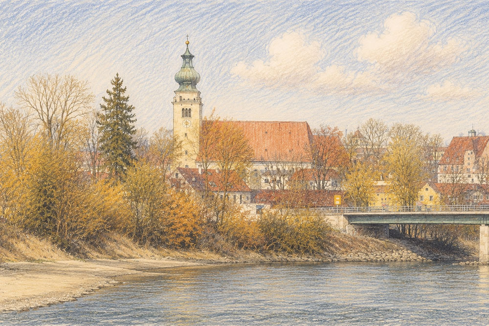 Kollegiatstift Mühldorf - Pastellzeichnung der Stiftskirche St. Nikolaus Kollegiatstift Mühldorf im Landkreis Mühldorf am Inn