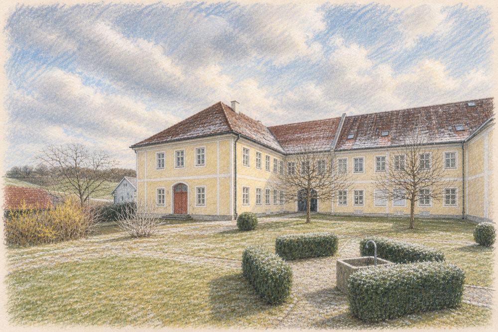 Kollegiatstift St. Wolfgang (Kanoniker-Kollegiatstift und Propst-/Dechanthof) - Pastellzeichnung Kollegiatstift St. Wolfgang (Kanoniker-Kollegiatstift und Propst-/Dechanthof) Landkreis Erding