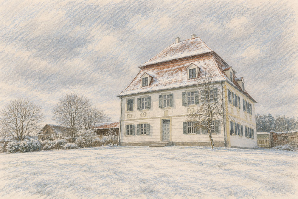 Schloss Aiterbach - Pastellzeichnung Schloss Aiterbach im Landkreis Freising