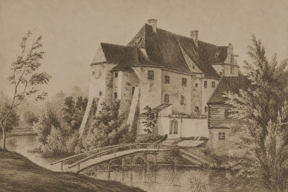 Schloss Fraunberg (Altfraunberg) – Lithografie (2) nach einem Gemälde, um 1860 Schloss Fraunberg (Altfraunberg) im Landkreis Erding