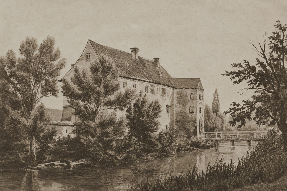 Schloss Fraunberg (Altfraunberg) – Lithografie (1) nach einem Gemälde, um 1860 Schloss Fraunberg (Altfraunberg) im Landkreis Erding