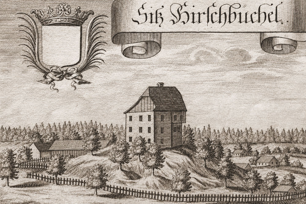 Schloss Hirschbichl – Kupferstich von Michael Wening aus der „Historico topographica descriptio Bavariae“, 1701 Schloss Hirschbichl im Landkreis Ebersberg