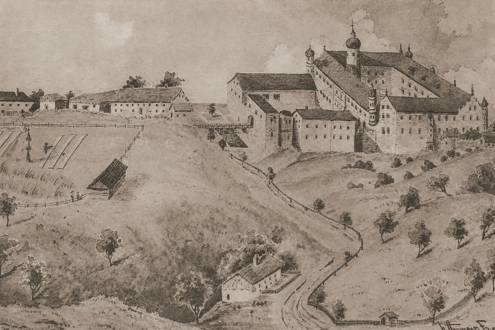 Schloss Kling (Wasserschloss, Klingenberg) - Historische Künstlerkarte, um 1920 Schloss Kling (Wasserschloss, Klingenberg) im Landkreis Rosenheim