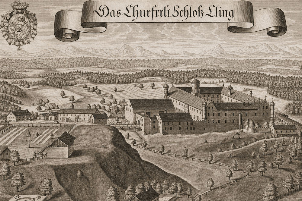 Schloss Kling (Wasserschloss, Klingenberg) – Kupferstich von Michael Wening, 1721 Schloss Kling (Wasserschloss, Klingenberg) im Landkreis Rosenheim