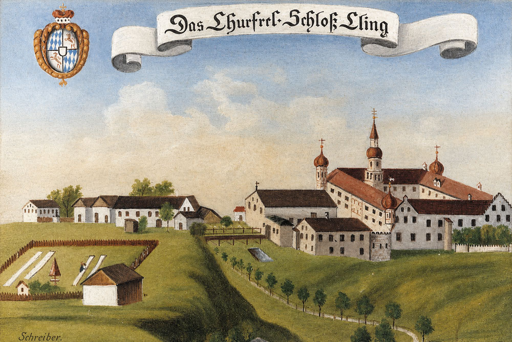 Schloss Kling (Wasserschloss, Klingenberg) – Gemälde von Schreiber, vor 1799 Schloss Kling (Wasserschloss, Klingenberg) im Landkreis Rosenheim