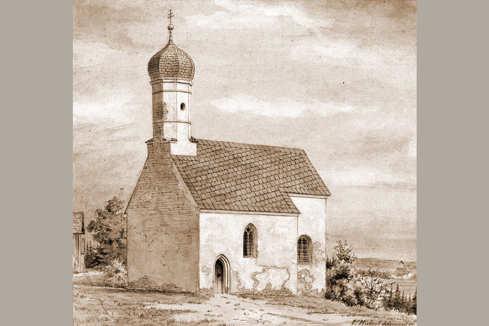 Schloss Königswiesen – „Kapelle St. Ulrich“ – Lithografie, 1866 Schloss Königswiesen im Landkreis Starnberg