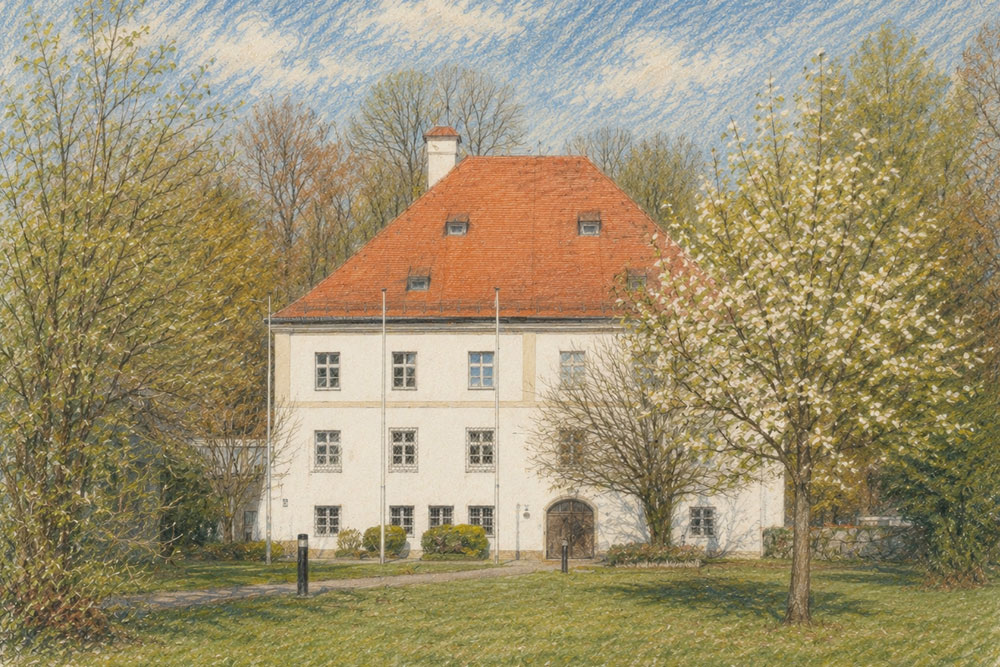 Kloster St. Theresia (Schloss Stadl) - Historische Aufnahme, vor 1964 - Pastellzeichnung Kloster St. Theresia (Schloss Stadl) im Landkreis Mühldorf am Inn