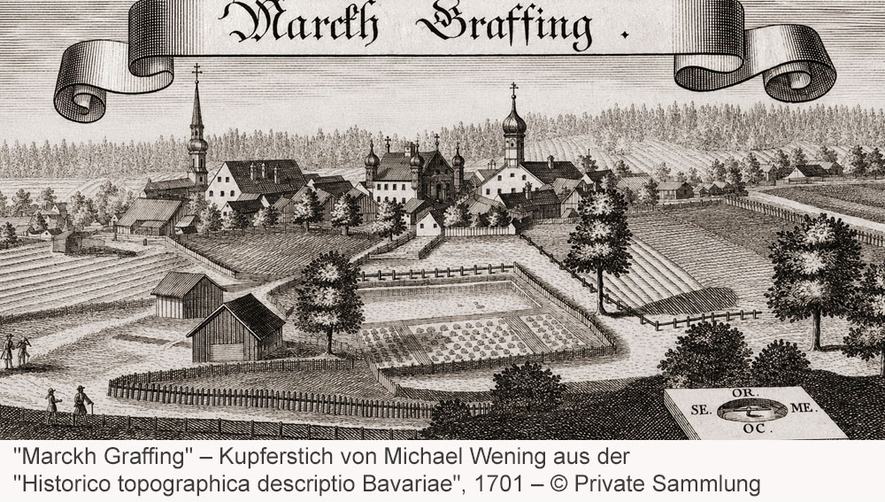 Markt Grafing - Kupferstich von Michael Wening aus der „Historico topographica descriptio Bavariae“, 1701 Markt Grafing im Landkreis Ebersberg in Bayern