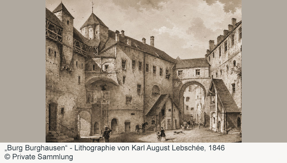 Burg zu Burghausen - Lithographie von Karl August Lebschée, 1846 Burg zu Burghausen im Landkreis Altötting