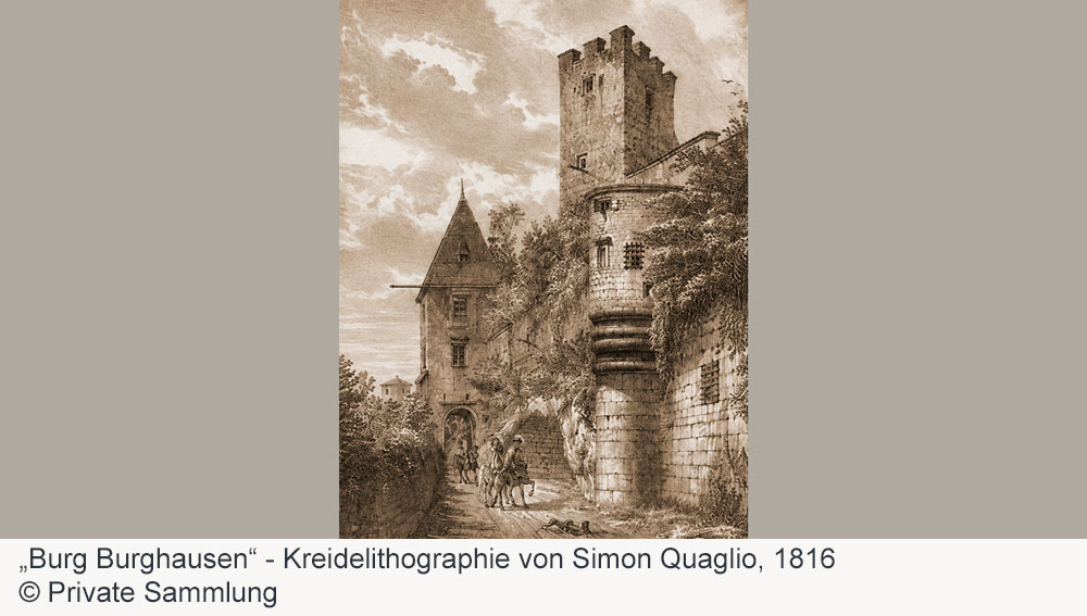 Burg zu Burghausen - Kreidelithographie von Simon Quaglio, 1816 Burg zu Burghausen im Landkreis Altötting