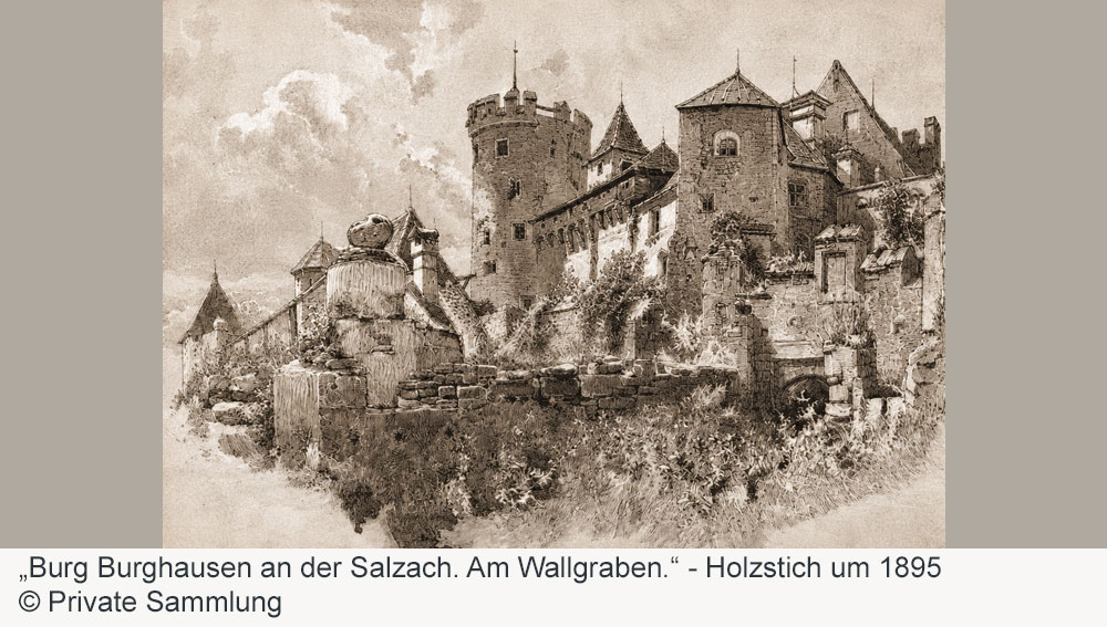 Burg zu Burghausen - Holzstich um 1895 Burg zu Burghausen im Landkreis Altötting