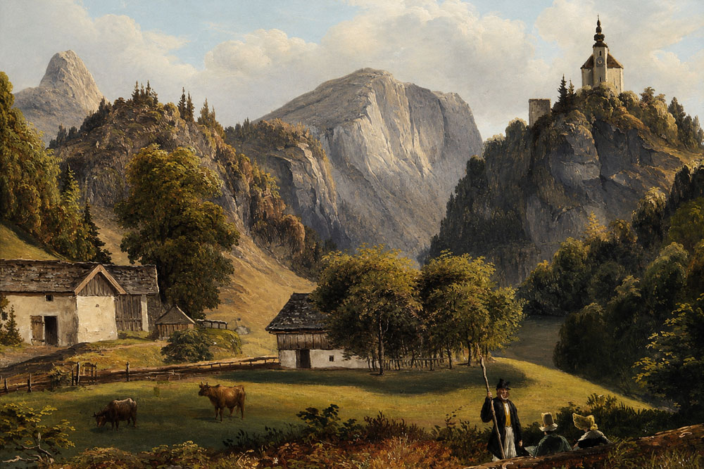 Burgruine Karlstein – Öl auf Papier auf Holz von Franz Barbarini, 1873 Burgruine Karlstein im Landkreis Berchtesgadener Land