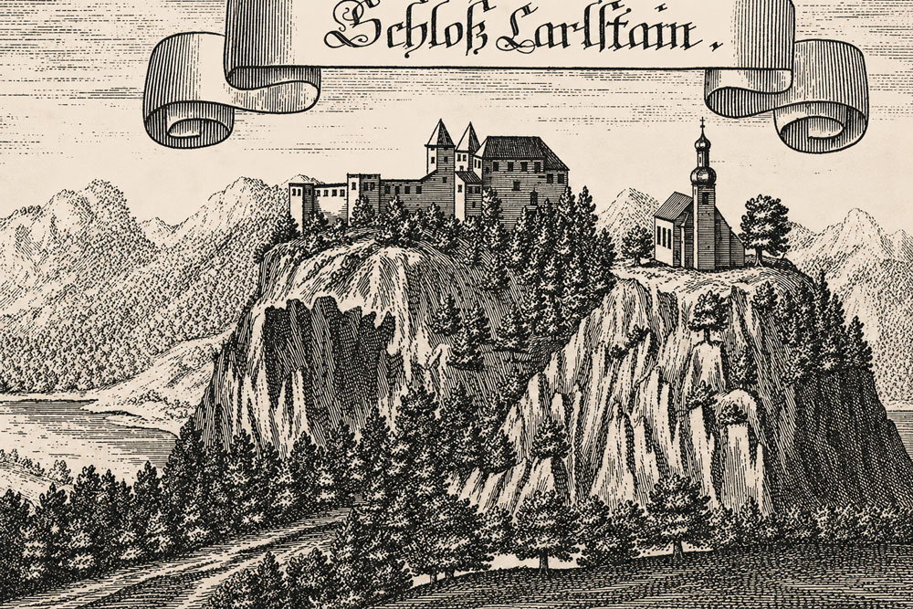 Burgruine Karlstein – Kupferstich von Michael Wening, um 1700 Burgruine Karlstein im Landkreis Berchtesgadener Land