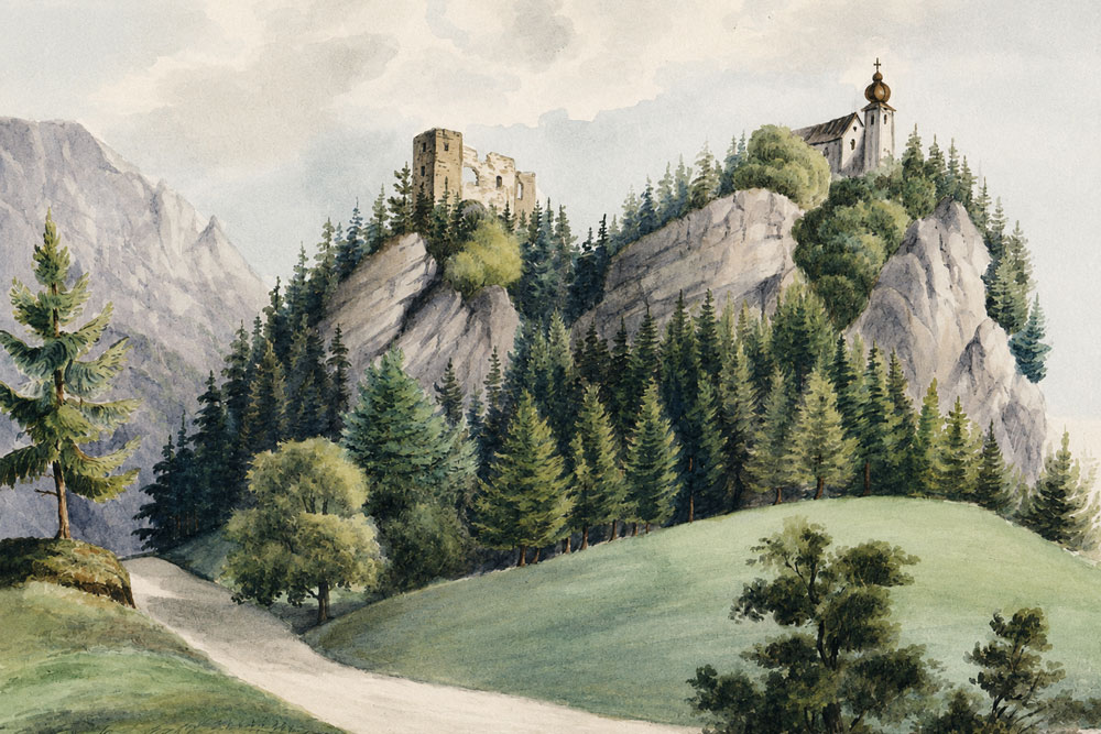 Burgruine Karlstein – Lithografie von Wilhelm Leifer, 1850 Burgruine Karlstein im Landkreis Berchtesgadener Land