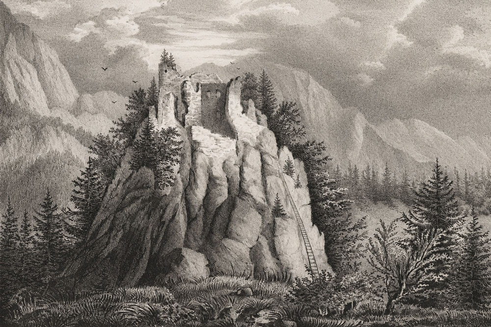 Burgruine Karlstein – Lithografie von Dilger, 1840 Burgruine Karlstein im Landkreis Berchtesgadener Land