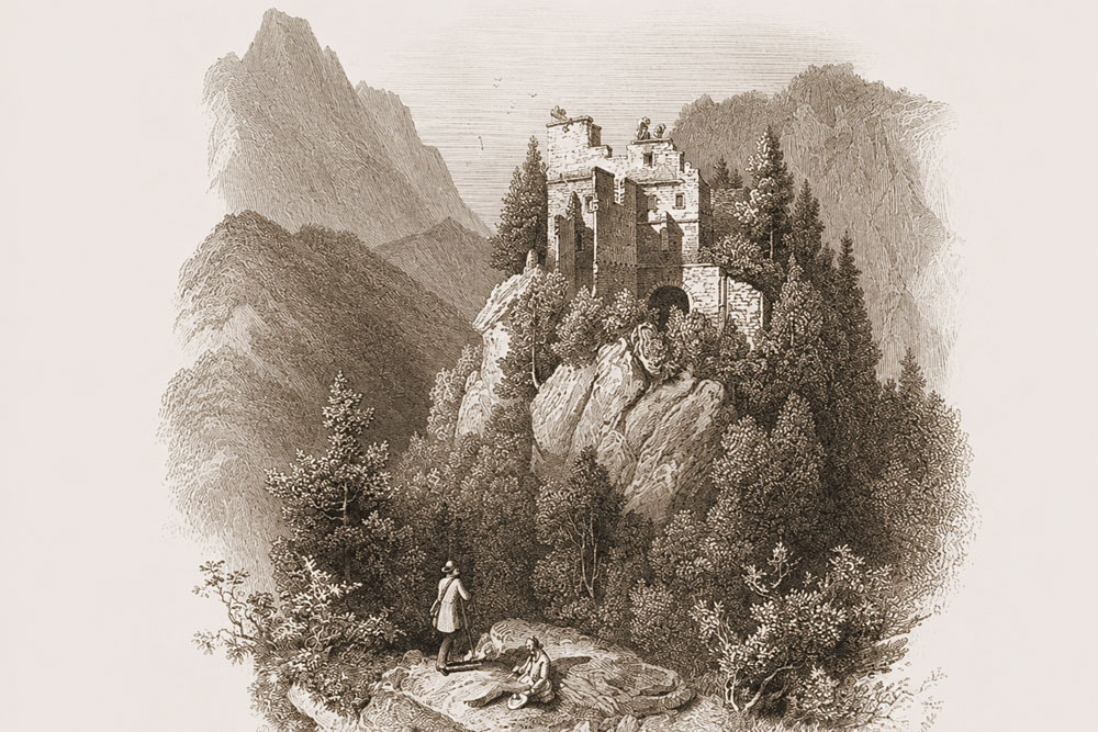 Burgruine Karlstein – Stahlstich von Würthle, 1853 Burgruine Karlstein im Landkreis Berchtesgadener Land