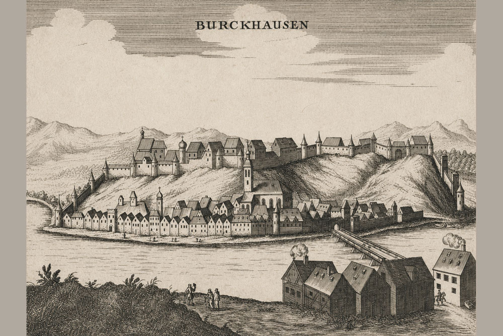 Stadtbefestigung Burghausen – Kupferstich, um 1650 Stadtbefestigung Burghausen im Landkreis Altötting