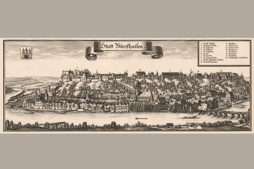 Stadtbefestigung Burghausen – Kupferstich von Michael Wening, 1701 Stadtbefestigung Burghausen im Landkreis Altötting