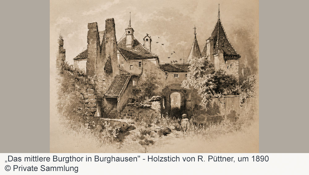 Burg zu Burghausen - Holzstich von R. Püttner, um 1890 Burg zu Burghausen im Landkreis Altötting
