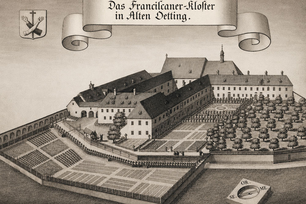 Kapuzinerkloster Altötting (ehemaliges Kloster der Franziskaner-Reformaten) – Kupferstich von Michael Wening, 1721 Kapuzinerkloster Altötting (ehemaliges Kloster der Franziskaner-Reformaten) im Landkreis Altötting
