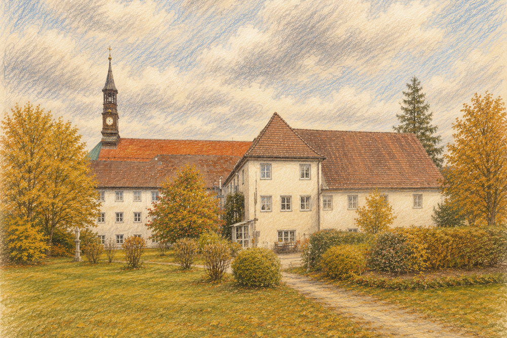 Franziskanerkloster Tölz (ehemaliges Kloster der Franziskaner-Reformaten) - Pastellzeichnung Franziskanerkloster Tölz (ehemaliges Kloster der Franziskaner-Reformaten) im Landkreis Bad Tölz-Wolfratshausen