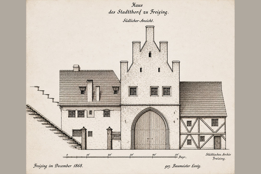 Stadtbefestigung Freising - „Haus des Stadttors zu Freising - südlicher Ansicht“ – Zeichnung, 1863 Stadtbefestigung Freising im Landkreis Freising