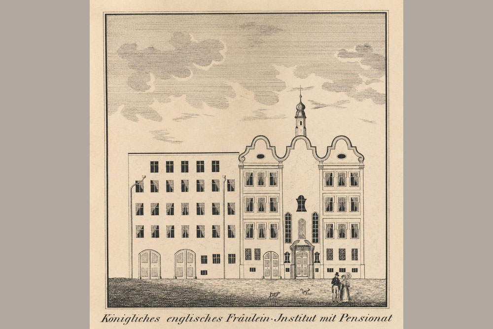 Kloster Heilig Schutzengel (Burghausen) – Stich, 18. Jahrhundert Kloster Heilig Schutzengel (Burghausen) im Landkreis Altötting