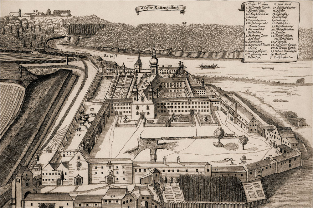 Kloster Raitenhaslach (ehemalige Abtei der Zisterzienser) – Kupferstich, 1699 Kloster Raitenhaslach (ehemalige Abtei der Zisterzienser) im Landkreis Altötting