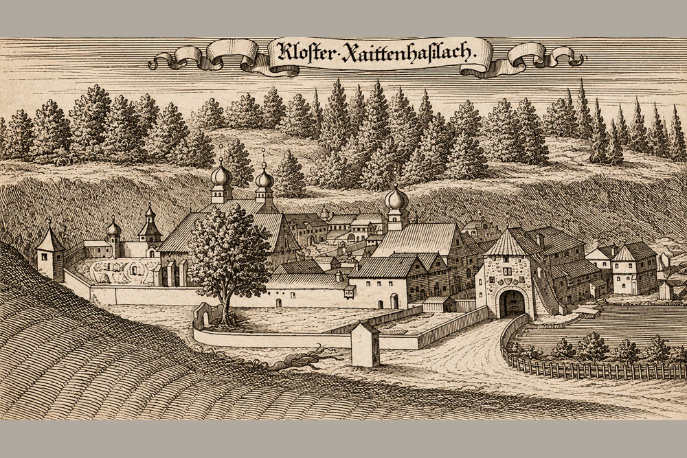 Kloster Raitenhaslach (ehemalige Abtei der Zisterzienser) – Kupferstich von Ertl im Chur-Bayrischen-Atlas, 1687 Kloster Raitenhaslach (ehemalige Abtei der Zisterzienser) im Landkreis Altötting