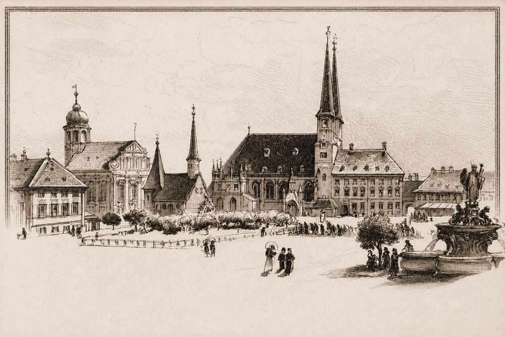 Königshof Altötting – Holzstich aus Die Gartenlaube, 1886 nach einer Originalzeichnung von R. Püttner Königshof Altötting im Landkreis Altötting