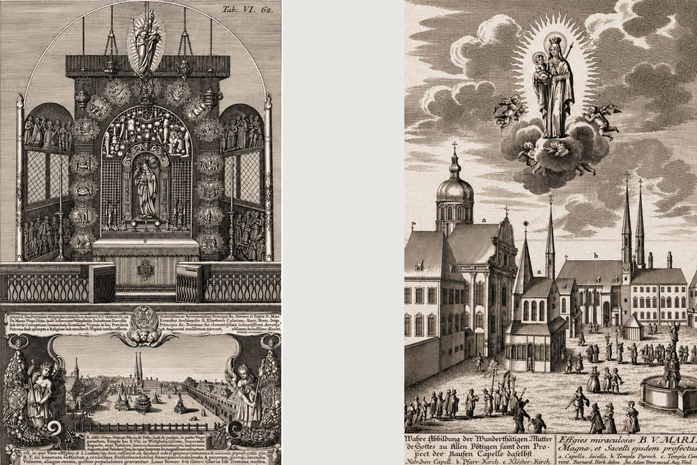 Königshof Altötting - links: „Gnadenkapelle“ – Kupferstich von J. Sadeler aus „Wahre Abbildung des Uhralten Heiligen Bildts Unser Lieben Frawen“, um 1660 – rechts: „Gnadenkapelle“ – Kupferstich von Johann Georg Merz Königshof Altötting im Landkreis Altötting