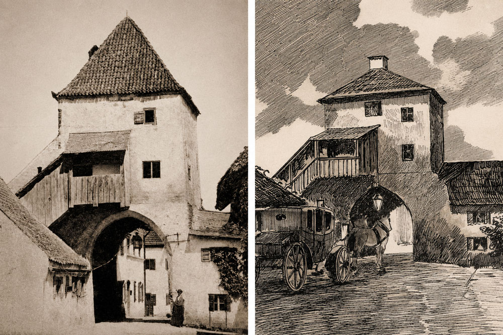 Stadtbefestigung Moosburg (an der Isar) - links: „Moosburg – Ampertor“ – Historische Aufnahme, 1888 – rechts: „Moosburg – Ampertor“ nach Gumberger Stadtbefestigung Moosburg (an der Isar) im Landkreis Freising