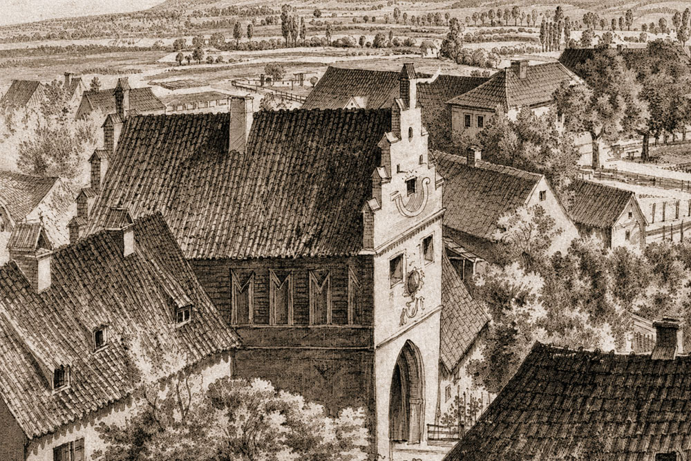 Stadtbefestigung Moosburg (an der Isar) – Isartor von aussen (Ausschnitt)“ – Zeichnung von G. C. Wilder, 1840 Stadtbefestigung Moosburg (an der Isar) im Landkreis Freising