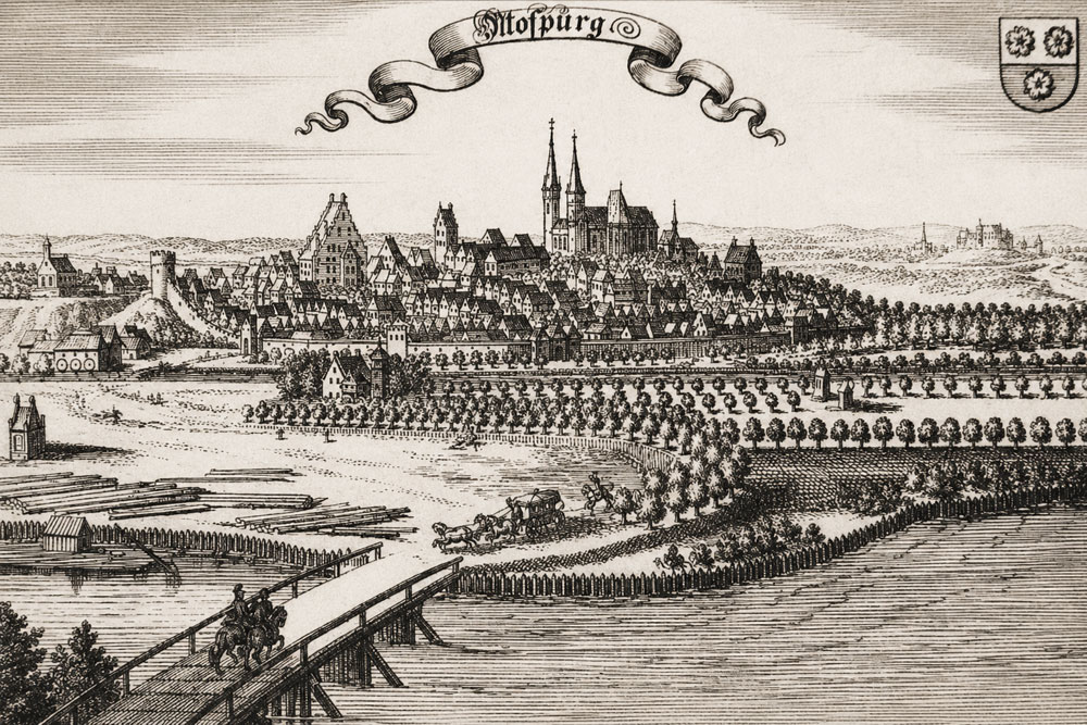 Stadtbefestigung Moosburg (an der Isar) – Kupferstich von Ertl, 1687 Stadtbefestigung Moosburg (an der Isar) im Landkreis Freising
