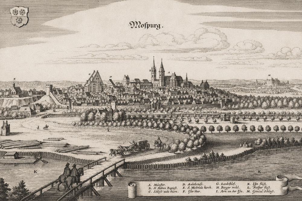 Stadtbefestigung Moosburg (an der Isar) – Kupferstich von Matthäus Merian aus Topographia Sueviae, 1644 Stadtbefestigung Moosburg (an der Isar) im Landkreis Freising