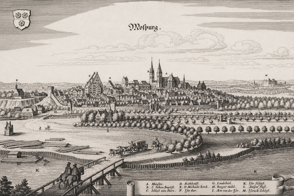Moosburg (an der Isar) – Kupferstich von Matthäus Merian, 1644 Moosburg (an der Isar) im Landkreis Freising