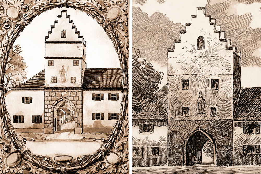 Stadtbefestigung Moosburg (an der Isar) - links: „Münchenertor“ – Notgeld der Stadt Moosburg, 1921 – rechts: „Münchenertor“ nach Gumberger Stadtbefestigung Moosburg (an der Isar) im Landkreis Freising