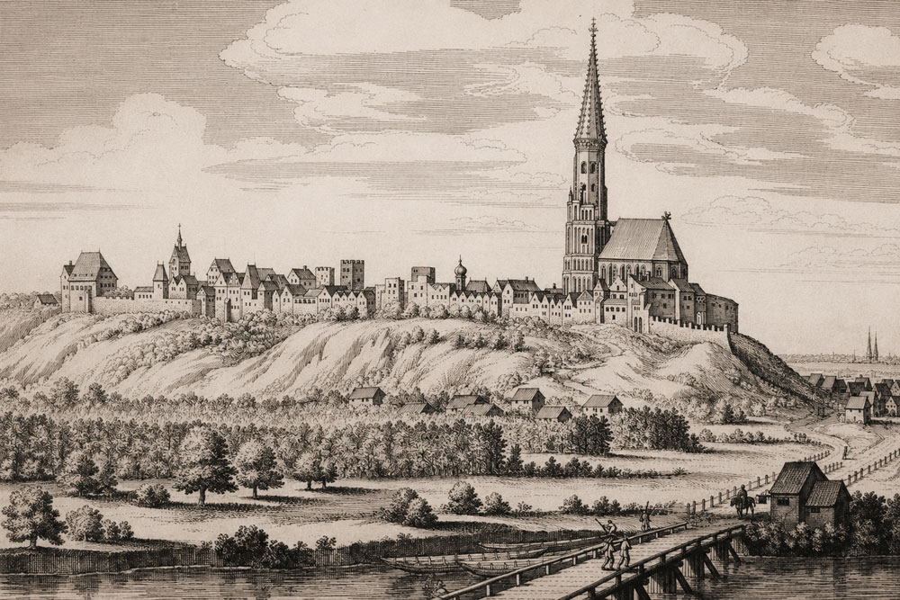 Schloss Neuötting (Pflegschloss) – Kupferstich der Erstausgabe von Matthäus Merian, 1644 Schloss Neuötting (Pflegschloss) im Landkreis Altötting